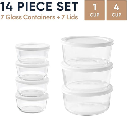 14-Piece Glass Food Storage Containers Set (7 Containers + 7 BPA-Free Lids) | 1-Cup & 4-Cup, Leakproof | Microwave, Freezer, Oven & Dishwasher Safe | Ideal for Meal Prep & Pantry Organization, White