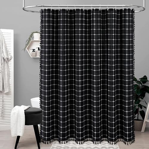 BTTN Extra Long Boho Farmhouse Linen Shower Curtain, 72x96, Black and White