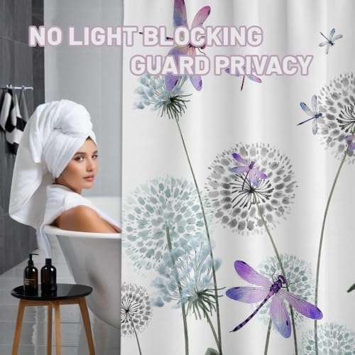 Dandelion Shower Curtain Purple Dragonfly Grey White Shower Curtains for Bathroom Decor, Waterproof Cloth Fabric with Hooks 70" W x 84" L