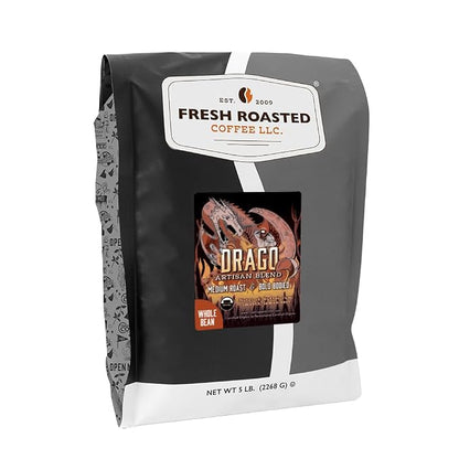 Fresh Roasted Coffee, Organic Drago Café Blend Whole Bean Coffee, Medium Roast, USDA Organic, Kosher, 5 lb (80 oz)