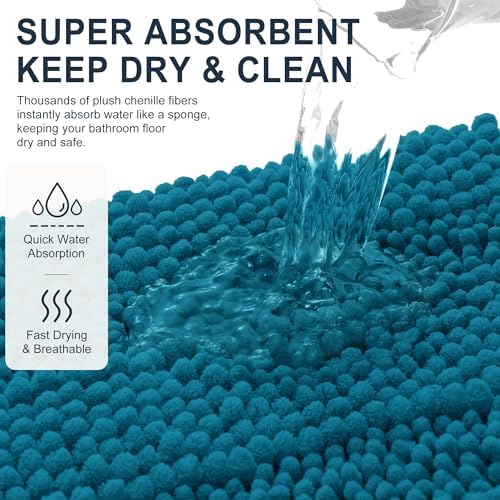 Smiry Thick Chenille Bathroom Runner Rugs 44x24, Bath Mat, Peacock Blue