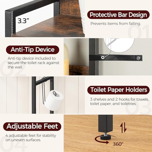 MAHANCRIS Over The Toilet Storage Rack, 3 Tier Bathroom Organizer Over Toilet, Freestanding Space Saver Toilet Stand with 2 Hooks, Bathroom Storage Shelf, Easy to Assemble, Rustic Brown TSHR6001
