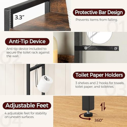 MAHANCRIS Over The Toilet Storage Rack, 3 Tier Bathroom Organizer Over Toilet, Freestanding Space Saver Toilet Stand with 2 Hooks, Bathroom Storage Shelf, Easy to Assemble, Rustic Brown TSHR6001