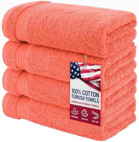 American Veteran Towel, Hand Towels for Bathroom Set of 4, 100% Cotton Turkish Hand Towel Sets, Soft Hand Face Towels, Coral Hand Towels