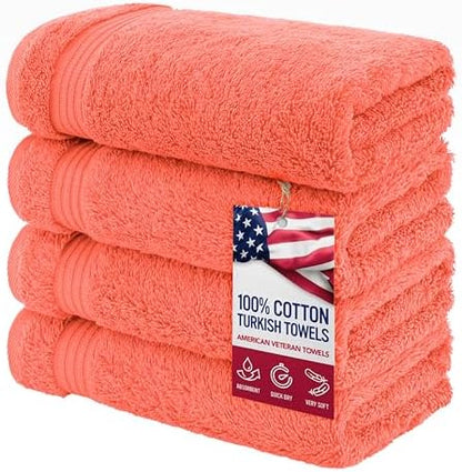 American Veteran Towel, Hand Towels for Bathroom Set of 4, 100% Cotton Turkish Hand Towel Sets, Soft Hand Face Towels, Coral Hand Towels