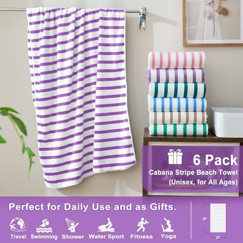 JML Microfiber Beach Towels, 6 Pack, 27" x 55", Cabana Stripe Purple