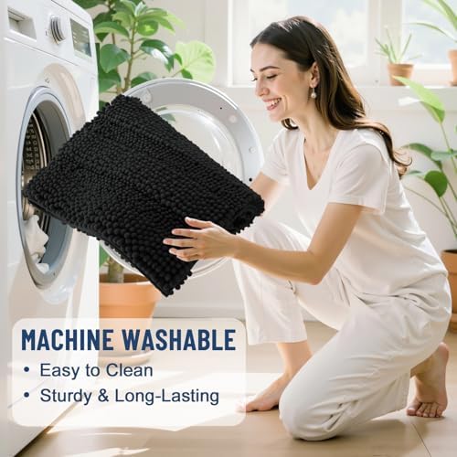 Grandaily Chenille Striped Bathroom Rugs 47x17, Extra Thick and Soft Absorbent Bath Mats, Rubber Backing, Plush Shaggy Shower Carpet, Machine Wash Dry, Bath Rug for Bathroom, Deep Black