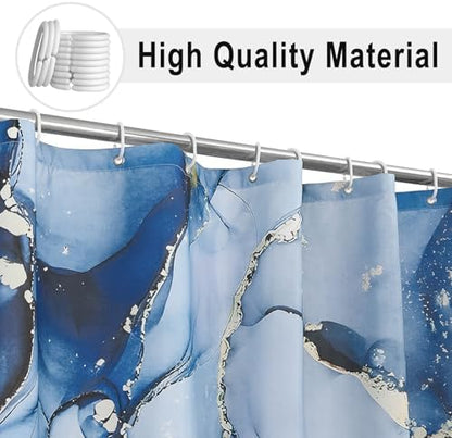 Blue Marble Shower Curtain, Modern Abstract Luxury Blue Gold Ink Texture Watercolor Art Bathroom Curtains Ombre Machine Washable Waterproof Fabric Bathtub Curtain Set with Hooks 66" Wx72 L