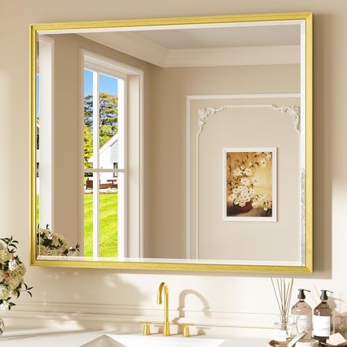 Keonjinn 42" x 36" Brushed Gold Bathroom Mirror, Safe HD Tempered Glass