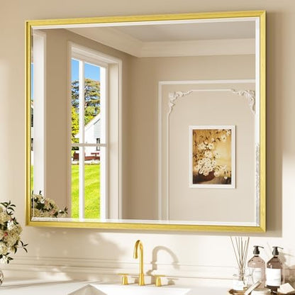 Keonjinn 42" x 36" Brushed Gold Bathroom Mirror, Safe HD Tempered Glass