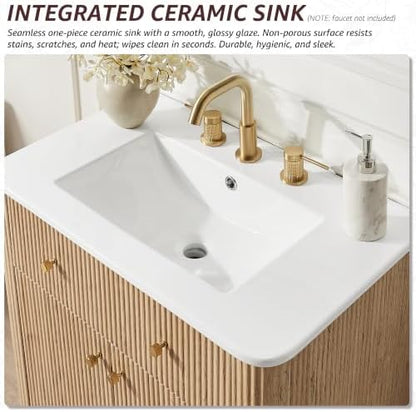 T4TREAM 30" Fluted Bathroom Vanity with Single Sink, Natural Oak