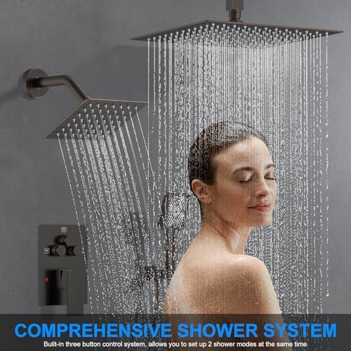 Shower Faucet Set, 12" Ceiling Mount Rainfall Shower System with 2 Rain Shower Head and Multi-function Handheld Head Push Button Diverter Shower Faucet Trim Kit (12", Oil Rubbed Bronze)