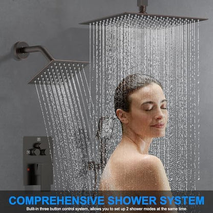 Shower Faucet Set, 12" Ceiling Mount Rainfall Shower System with 2 Rain Shower Head and Multi-function Handheld Head Push Button Diverter Shower Faucet Trim Kit (12", Oil Rubbed Bronze)
