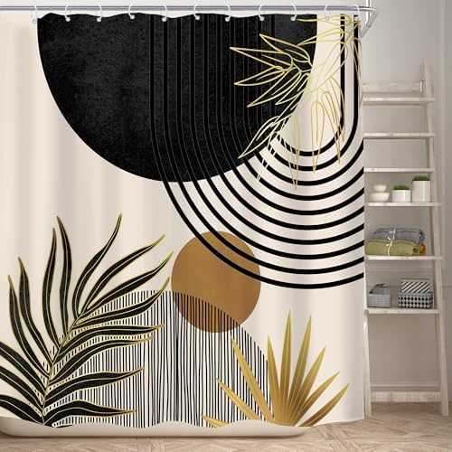 Mid Century Black Gold Boho Abstract Modern Bathroom Shower Curtain Set