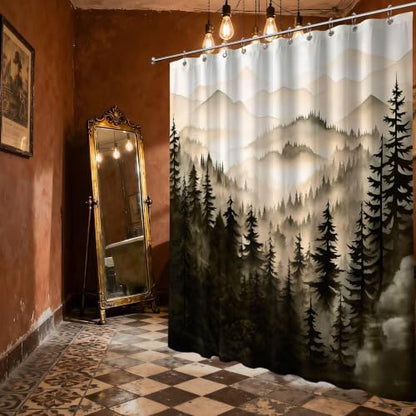 Dark Brown Forest Extra Long Shower Curtain, Tall 72X84 in, Mountain