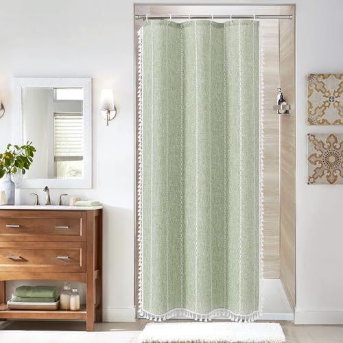 Boho Farmhouse Tassel Linen Shower Curtain,3D Embroidery Stripe Sage,36x72