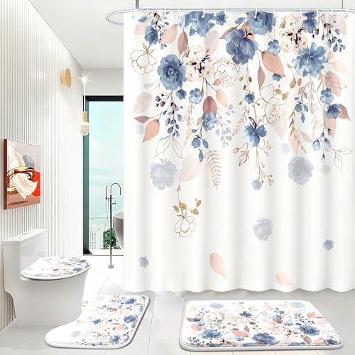 16 PCS Floral Shower Curtain Set with Rugs and 12 Hooks,120GSM Blue,72 x 72