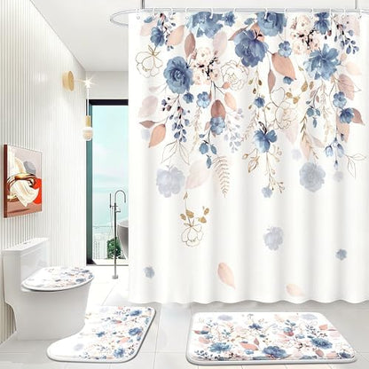 16 PCS Floral Shower Curtain Set with Rugs and 12 Hooks,120GSM Blue,72 x 72