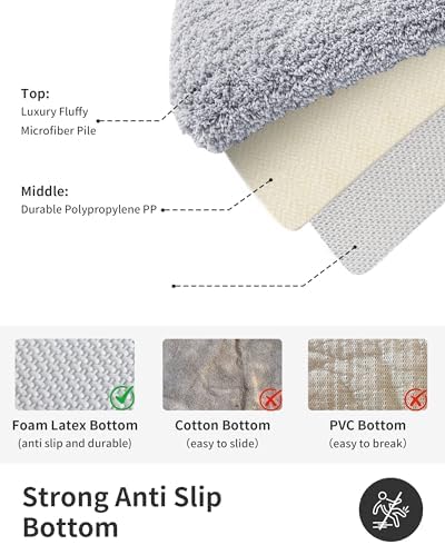 ILANGO Silver Bathroom Rugs 32" × 20" Non Slip & Super Absorben Extra Thick Soft, Washable Bath Mat for Floor, Microfiber Plush Shaggy Bath Rug with Tub for Bathtub Shower Room Sink