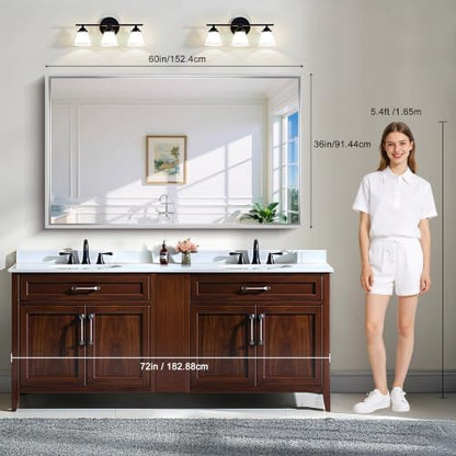 CIRCUMI 60"x36" Brushed Silver Bathroom Mirror, Double Sink Vanity Mirror