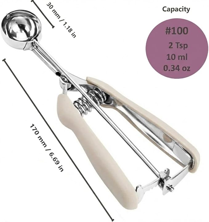 Cookie Scoop, 18/8 Stainless Steel Cookie Scooper, Cookie Scoops for Baking, 2Tsp/10ml/ 0.34oz Tbsp Cookie Dough Scoop, Ice Cream Scooper with Trigger Release, Cookie Scooper for Baking(#100 White)