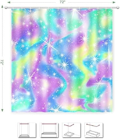 Rainbow Shower Curtain Holographic Gradient Colorful Kids Shower Curtain for Bathroom, Waterproof Polyester Machine Washable Home Decor Bath Curtains with Hooks, 72 x 72 Inch