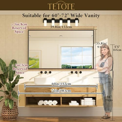 TETOTE Brushed Gold Mirror Beveled Frame 60" x 36" Large Brass Gold Rectangle Bathroom Vanity Wall Mirror for Over Sink, Modern Farmhouse, Tempered Glass, Shatterproof, Stronger Frame