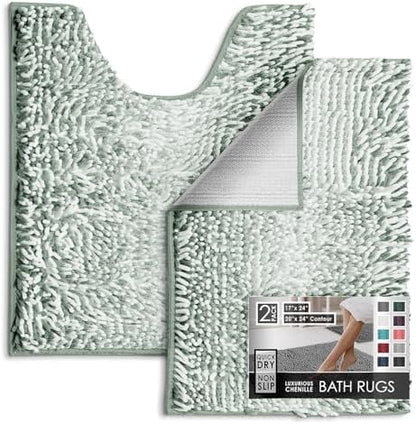 Hearth & Harbor Bathroom Rugs, Chenille Bath Mat - Machine Washable Bath Mats for Bathroom Non-Slip Backing Rubber, Quick Dry Bathroom Mat, 17 x 24 + 20 x 24 - Ombre Green