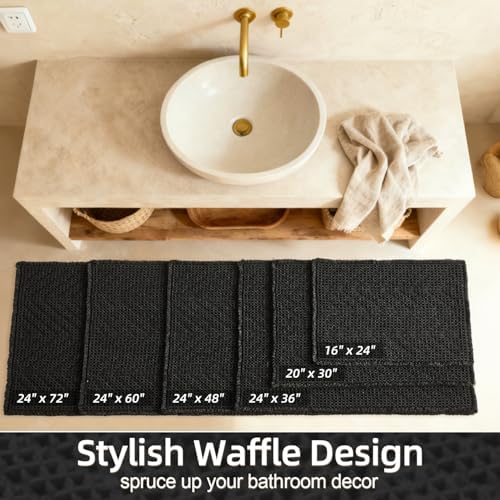 Sunfly Long Black Bathroom Rug, Waffle Bath Mat Non-Slip Washable Super Absorbent Quick Dry, Boho Farmhouse Bathroom Runner Decor 24"x72" Black