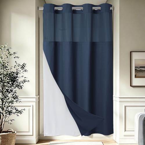 EUTXL Heavyweight No Hook Shower Curtain with Liner, Navy Blue, 54x80