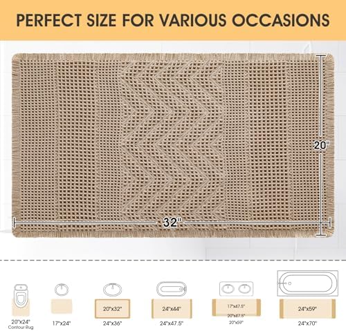 Waffle Bath Mat, Boho Woven Modern Bath Rug Absorbent Non Slip, Ultra Soft Bathroom Mats, Machine Washable Knit Bath Rugs Vertical Stripes with Ripples for Bathroom, Bedroom, Shower, 32"x20", Beige