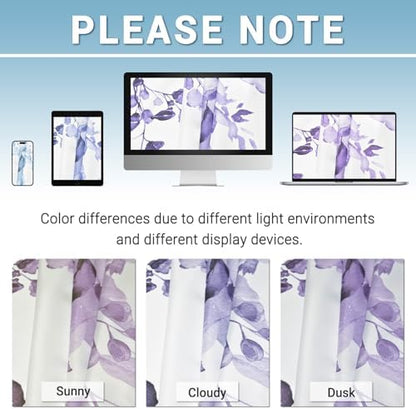 WITHLOC No Hook Floral Shower Curtain with Liner, Eucalyptus Purple, 71x74