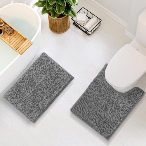 Hearth & Harbor Bathroom Rugs, Chenille Bath Mat - Machine Washable Bath Mats for Bathroom Non-Slip Backing Rubber, Quick Dry Bathroom Mat, 17 x 24 + 20 x 24 - Frost Grey