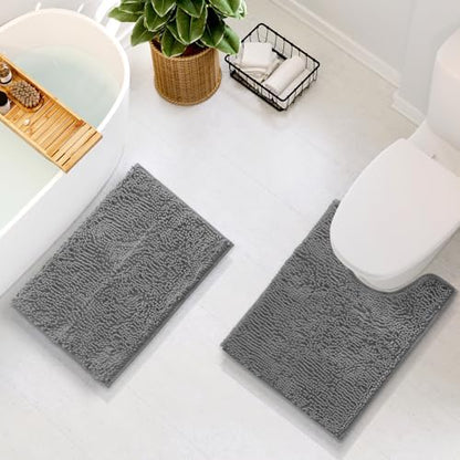 Hearth & Harbor Bathroom Rugs, Chenille Bath Mat - Machine Washable Bath Mats for Bathroom Non-Slip Backing Rubber, Quick Dry Bathroom Mat, 17 x 24 + 20 x 24 - Frost Grey