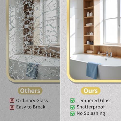 Bathroom Mirror for Wall, 30"x36" Black Bathroom Mirror for Over Sink, Shatterproof Tempered Glass Vanity Mirror with Anti-Rust Aluminum Alloy Frame, Hang Horizontally or Vertically, Gold