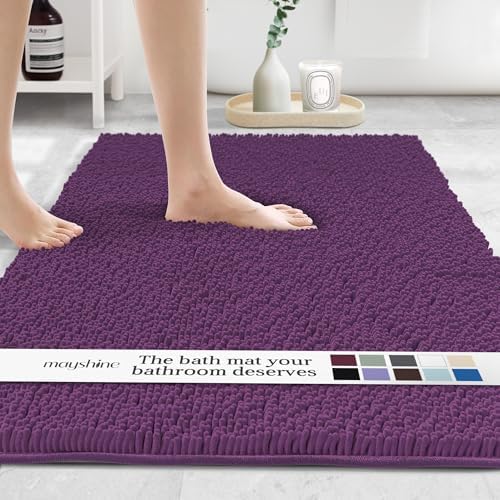 MAYSHINE Plush Shaggy Chenille Bath Mat | Extra Soft, Super Absorbent, Non-Slip Bathroom Rug | Fluffy Microfiber, Area Rug Sets for Bathroom Floor, Kitchen, Living Room | 59"x31" | Plum
