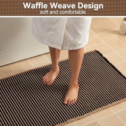 Triohero Waffle Runner Rug Bathroom, Long Boho Bath Mat 24x60 Black & Khaki