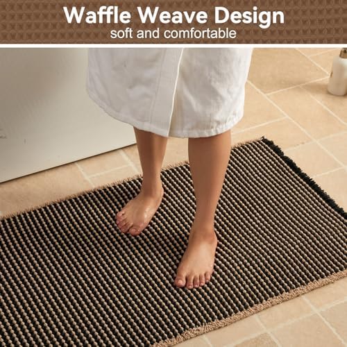 Triohero Waffle Runner Rug Bathroom, Long Boho Bath Mat 24x72 Black & Khaki