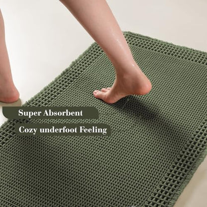 RESARE Waffle Bathroom Runner Rugs, Non Slip Boho Bath Mat 24"x60" Green