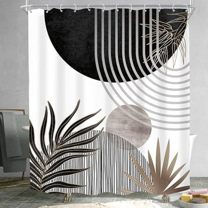 Mid Century Black Gray Boho Abstract Modern Bathroom Shower Curtain Set