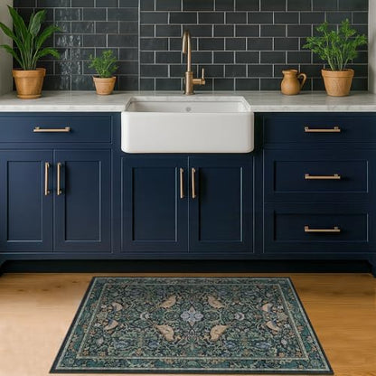 Washable Floral Small 2x3 Dark Blue Entryway Rugs Indoor, Botanical Bird Kitchen Floor Mats, Non-Slip & Soft Boho Carpet for Bathroom, Low Pile Stain Resistant Throw Rugs Bedroom