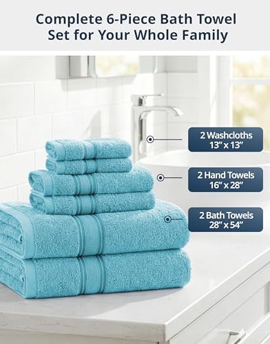 LANE LINEN Bath Towel Set Quick Dry 100% Cotton 6 Piece Soft - Blue