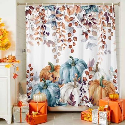 Shower Curtain Bathroom Set Fall Thanksgiving Pumpkin Orange Eucalyptus Leaf Waterproof Shower Curtains with Grommets Hooks Autumn Fallen Leaves Privacy Bath Curtain for Bathtub Decor 72x72in