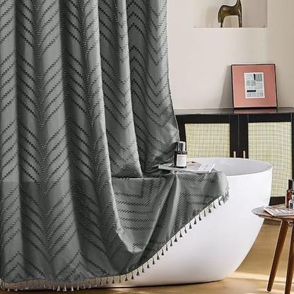 Siiluminisoy Extra Long Grey Boho Shower Curtain with Tassel, Woven Fabric 96 in Shower Curtain, Tufted Chevron Striped, 72 x 96, Modern Chic Textured Minimalist Bathroom Shower