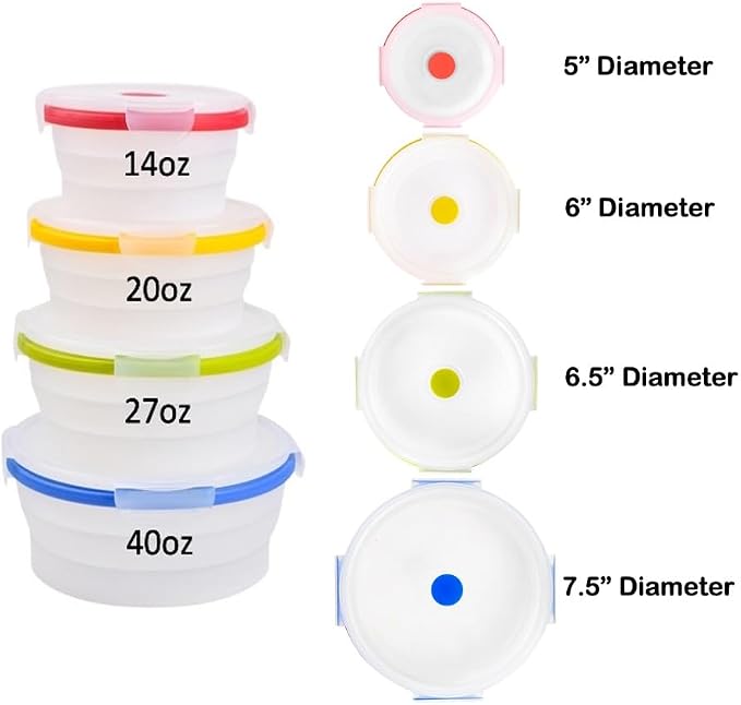 ECOBERI Collapsible Food Storage Containers, Silicone Round 4 Piece Set, 14/17/27/40 oz, BPA-Free, Space-Saving, Airtight Lids, Microwave Safe Without Lid, Freezer and Dishwasher Safe