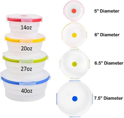 ECOBERI Collapsible Food Storage Containers, Silicone Round 4 Piece Set, 14/17/27/40 oz, BPA-Free, Space-Saving, Airtight Lids, Microwave Safe Without Lid, Freezer and Dishwasher Safe