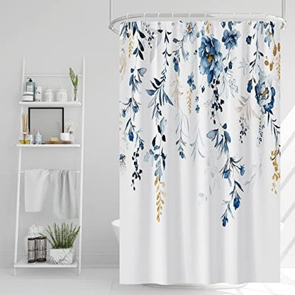AWERT Blue Plants Shower Curtain with Hooks Watercolor Leaves Shower Curtain for Bathroom Waterproof Bathroom Accessories Bathtub Decor 36x72inch