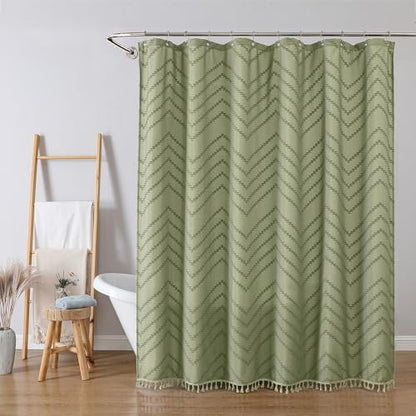 OWENIE Light Green Fabric Shower Curtain, Boho Shower Curtains for Bathroom Chic Tufted Chevron Striped Textured with Tassel, Soft Hotel Style Farmhouse, Machine Washable, 72x78, Light Green