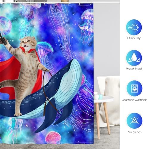 Aimego Funny Cat Shower Curtains - Cute Cat Riding Whale Shark on Space Galaxy Fantasy Jellyfish Fun Shower Curtain Set with 12 Hooks for Adults Kids Bathroom Decor Accessories, 72"x72"