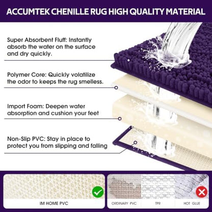 ACCUMTEK Upgrade Extra Large Dark Purple Bathroom Rug Set 3 Pieces Ultra Soft, Thick Absorbent Bath Mats, Non Slip Chenille Toilet Mat for Bathroom, Bedroom, Kitchen, Egglant